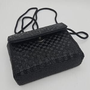 Oleg Cassini Black Beaded Evening Handbag Shoulder Cross Body Strap Party Formal